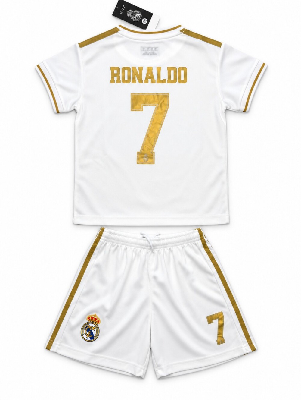 Kids Real Madrid Ronaldo #7 Soccer Jersey Shorts Set Youth White Gold Unisex